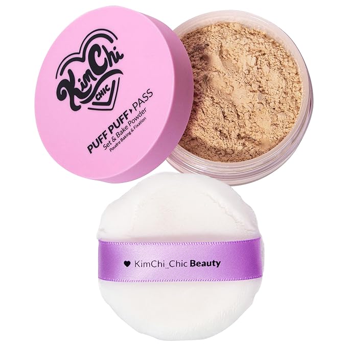Kimchi Chic Beauty Puff Puff Pass Set and Bake Setting Powder for Makeup, Extra Fluffy Loose Face Powder Poof, Soft Natural Face Makeup for Uneven Skin Tone, 04 Peachy-FlexoryFit