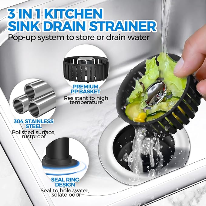 Kitchen Sink Drain Strainer - 2Pack Sink Stopper, Drain Protector, Kitchen Drain Plug & Sink Installation Parts with Anti-Clogging Basket, Fit US Standard 3-1/2'' Sink Drain Hole, Silver Black