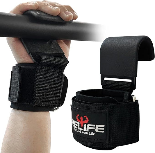 RELIFE REBUILD YOUR LIFE Lifting Hooks for Men and Women(Pair), Pull Up Straps, Gym Reapers Lifting Wrist Grips, Heavy Powerlifting, Lifting Hooks for Weight Lifting-FlexoryFit