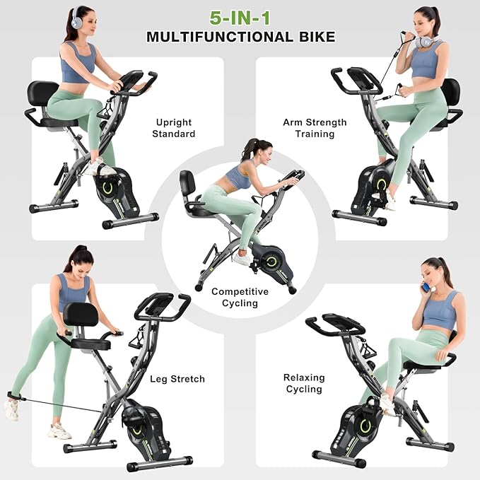 Exercise Bike, 5 in 1 Foldable Stationary Bike for Seniors, 16-Level Adjustable Magentic Resistance, Indoor Workout Bike with 330LB Capacity, Comfortable Seat Backrest X-bike-FlexoryFit