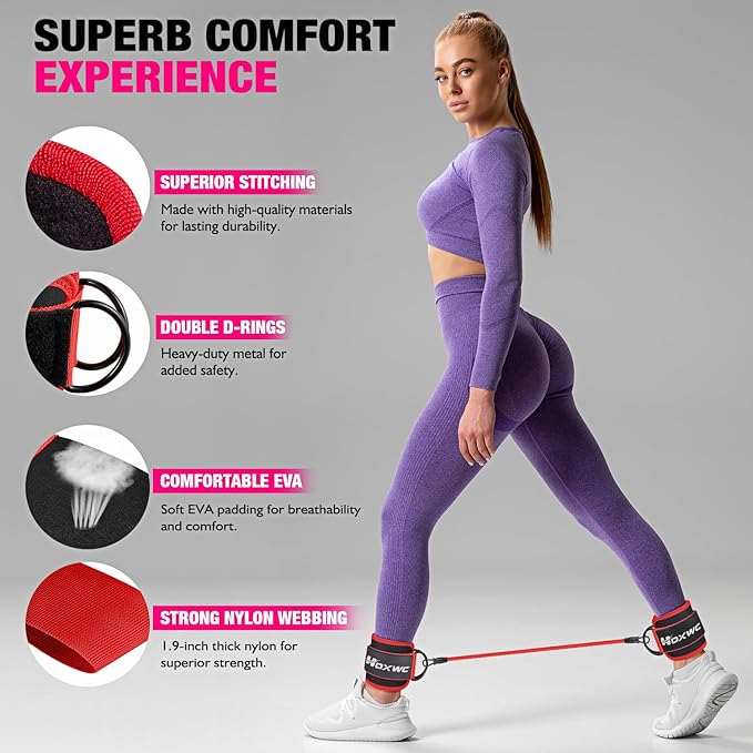 Ankle Resistance Bands with Cuffs, Ankle Bands for Working Out, Ankle Resistance Band for Leg, Booty Workout Equipment for Kickbacks Hip Fitness Training, Exercise Bands for Butt Lift Women-FlexoryFit