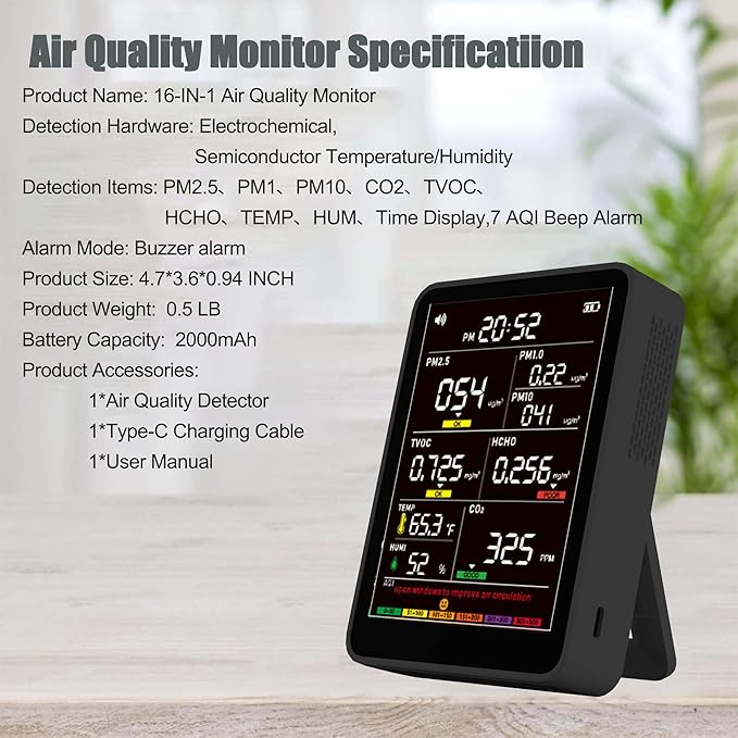 Professional Indoor Air Quality Monitor with AQI Beep Alarms, Portable Real-Time Detector for Home Cars Plants and Pets