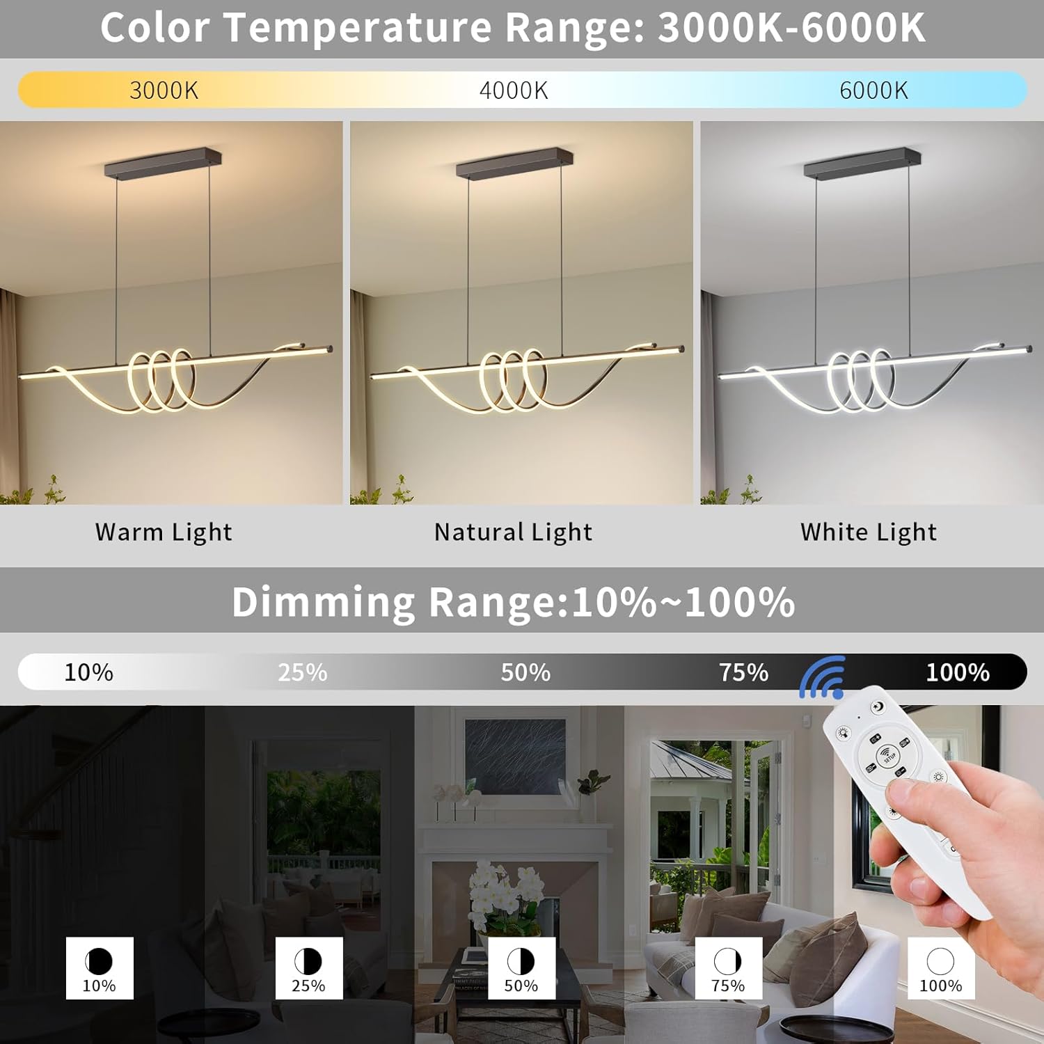 Modern Ceiling Chandelier, 57in Pendant Lights Dimmable with Remote Control 3000k-6000K Adjustable Color Temperature, Aluminum Island Lighting Lamp Fixture for Kitchen, Dining Room