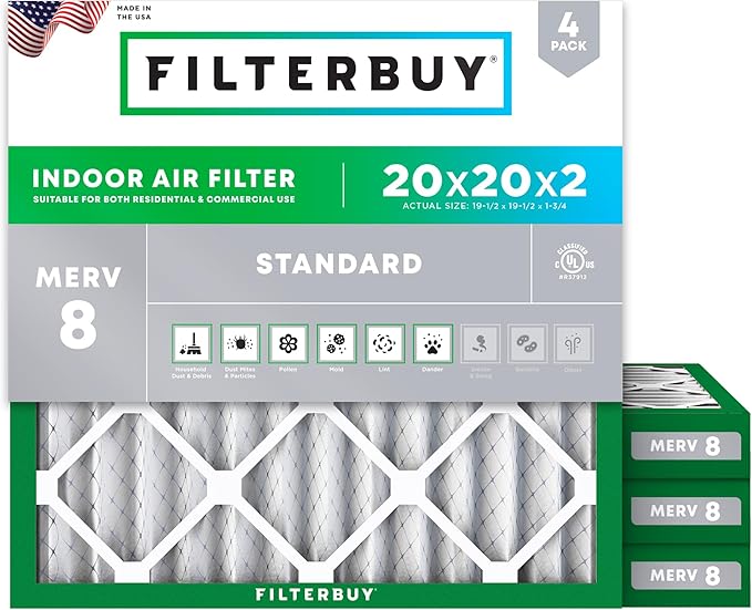 Filterbuy 20x20x2 Air Filter MERV 8 (MPR 700) Dust Defense Replacement (4-Pack), Electrostatic Pleated HVAC AC Furnace Filters, Made in USA (Actual Size: 19.50 x 19.50 x 1.75)