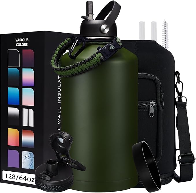128 OZ Insulated Water-Bottles with Strap - 1 Gallon Water Jug with Straw & Spout Lid, Stainless Steel Large Water Bottle Leak Proof, Cold-48h Hot-24h Metal Water Flask w/Paracord Handle, Carrier Bag-FlexoryFit