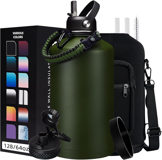 128 OZ Insulated Water-Bottles with Strap - 1 Gallon Water Jug with Straw & Spout Lid, Stainless Steel Large Water Bottle Leak Proof, Cold-48h Hot-24h Metal Water Flask w/Paracord Handle, Carrier Bag-FlexoryFit