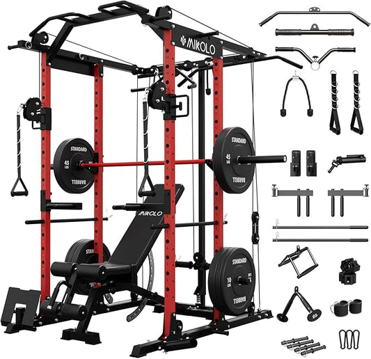 Mikolo Power Cage, Power Rack with Cable Crossover System, 1500LBS Squat Rack with LAT Pull Down System, Workout Cage with Pulley System for Fitness Home Gym-FlexoryFit
