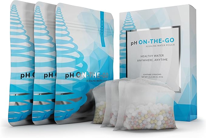 Invigorated Water pH ON-The-GO Portable Alkaline Water Filter Pouch, High pH Water Alkalizer for Bottles, Jugs, Pitchers - Filters 98 Liters / 26 Gallons (3-Pack)