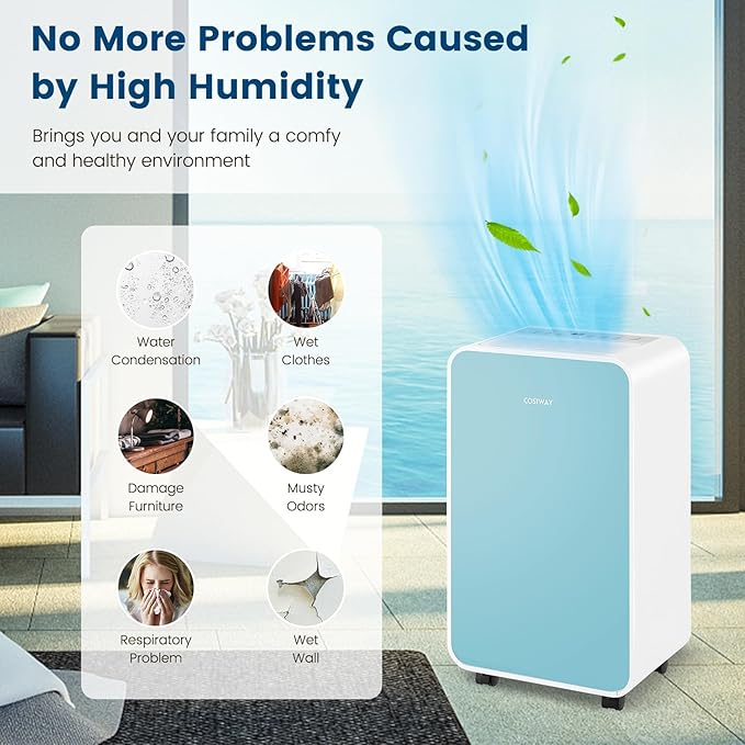 COSTWAY 2500 Sq. Ft Dehumidifier for Basement, 32 Pints Portable Quiet Dehumidifier for Bedroom Bathroom with Sleep Mode, 24H Timer, Auto Shut Off, Auto Defrost & Drain Hose (Navy)