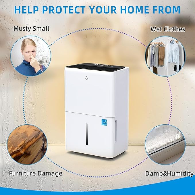 32-Pint Portable Efficient Dehumidifier for 3000 Sq.Ft – Compressor Unit with Smart Humidity Control, Adjustable Airflow & Timer, Ideal for Basements, Crawl Spaces, Garages & Large Rooms