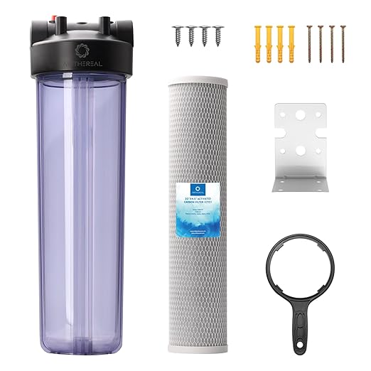 Airthereal Whole House Water Filter Housing, Sediment Filter for Well and City Water, 20"x4.5" Sediment Water Filter Cartridges with 3/4" NPT Port, Pre-Filtration System Includes 1-Pack CTO Filter
