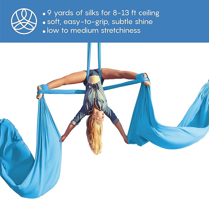 Aerial Silks Starter Kit - Durable 9 Yards of Aerial Yoga Hammock with Hardware & Guide - Aerial Swing for Acrobatic Flying Yoga & All Levels (Aerial Rigging Point Up to 13ft)-FlexoryFit