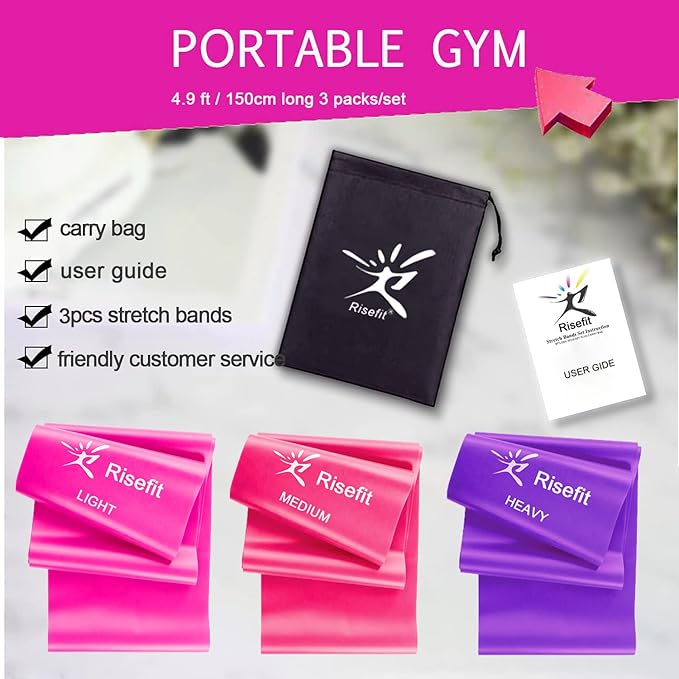 Therapy Flat Resistance Bands Set, Latex Free Flat Elastic Exercise Stretch Bands for Stretching, Flexibility, Pilates, Yoga, Ballet, Gymnastics, Rehab, Workout, Pink, Purple, Blue (3 Pack, 5 FT long)-FlexoryFit