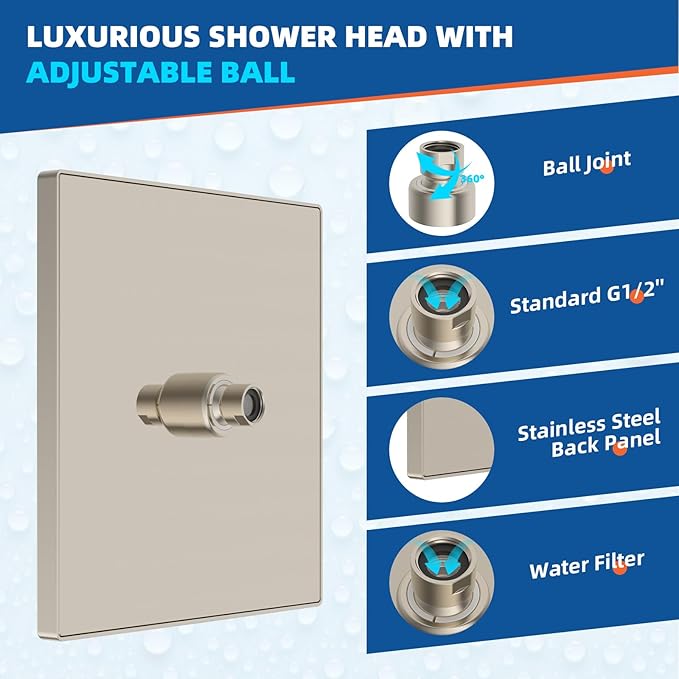 Hibbent Thickness Metal Rain Shower Head, 10'' High Pressure Rainfall Shower Head, Square Bathroom Waterfall Shower Heads, High Flow Fixed Showerheads with Adjustable Brass Ball Joint, Brushed Nickel
