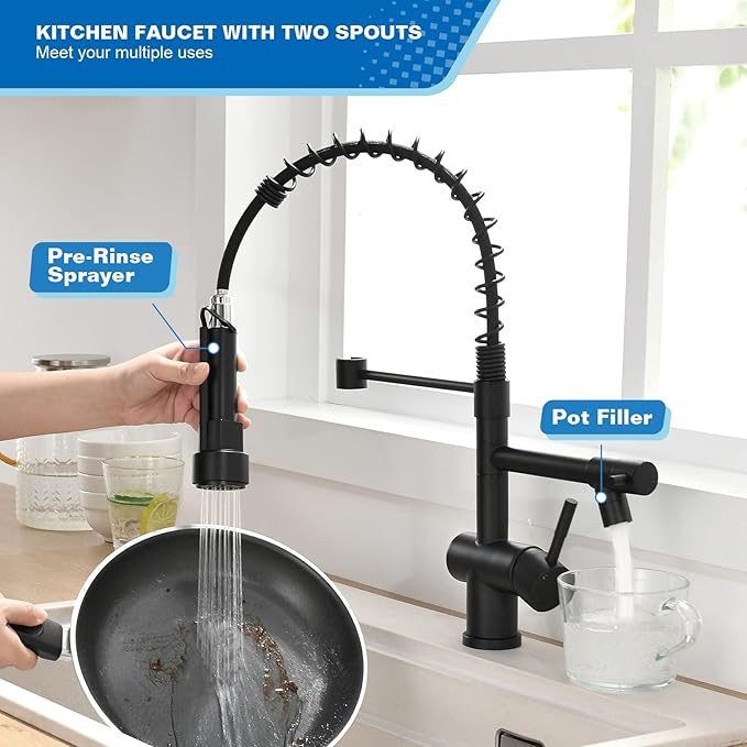 Commercial Faucet with Sprayer, VFAUOSIT Black Kitchen Faucet with Pot Filler Single Handle Lever Pull Down Sprayer Kitchen Sink Faucets, Stainless Steel Faucets for Kitchen Sink, RV Farmhouse