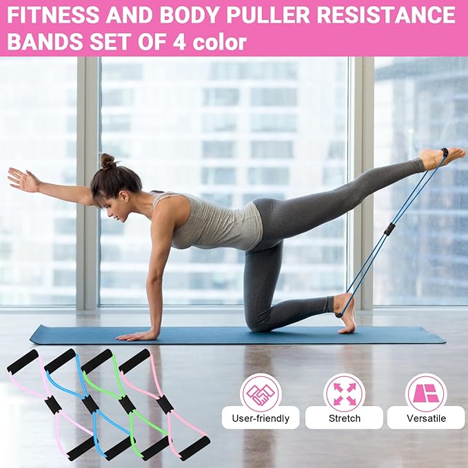 Figure 8 Shaped Resistance Bands -4-Pack Workout Bands with Handles Figure, 8 Exercise Bands for arm Shoulder Stretching, Leg Stretching, Yoga, Pilates, Home Gym Workout Equipment for Women Men-FlexoryFit