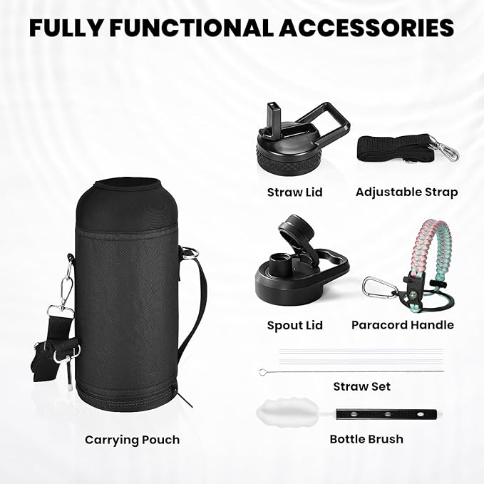 Insulated Water Bottle 32 oz, Triple Wall Vacuum Stainless Steel (Cold for 48 Hrs), Leak Proof & Non-BPA, Modern Water Flask Jug with Paracord Handle & Straw Spout Lids, Hydrangea-FlexoryFit
