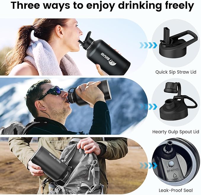 Insulated Water Bottle 87 oz, Triple Wall Vacuum Stainless Steel(Cold for 48 Hrs),Leak Proof & BPA-Free,Half Gallon Water Bottle with Reflective Paracord & Flip Straw for Sports & Travel, Black-FlexoryFit