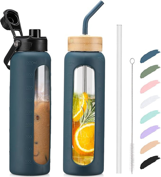 Kodrine Water Bottle with Straw, 24 oz Glass water Bottle with 2 Lids Bamboo Straw Lid and Spout Lid with Handle, 32 oz Clear Water Bottle Glass for Sports Travel, Waterbottle with Time Marker-FlexoryFit