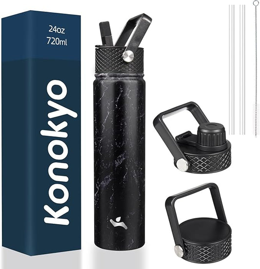 Insulated Water Bottle 24oz Stainless Steel Sport Bottles with 3 Lids,Marble Midnight-FlexoryFit