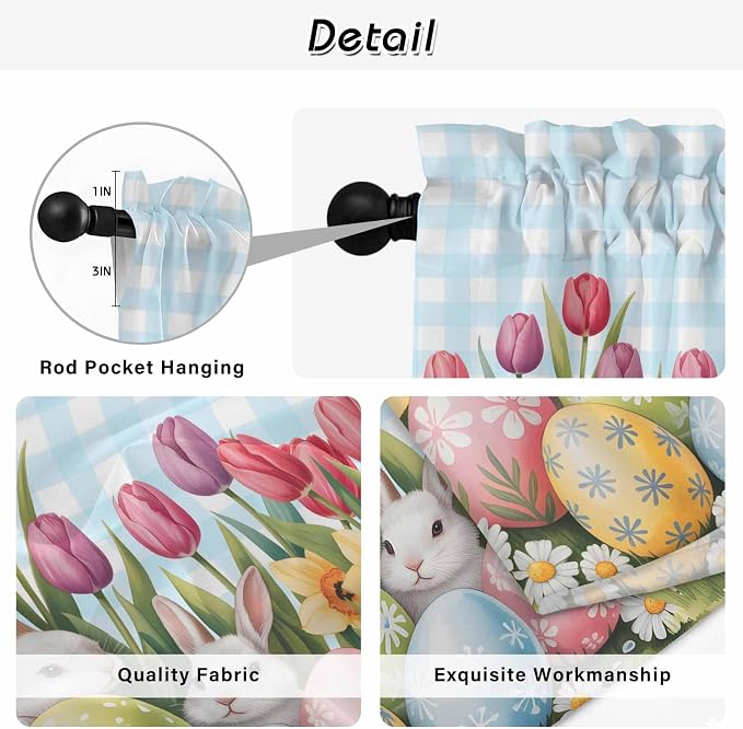 Easter Kitchen Curtains 45 Inch Long 2 Panel Set, Rod Pocket Window Treatment - Image 9