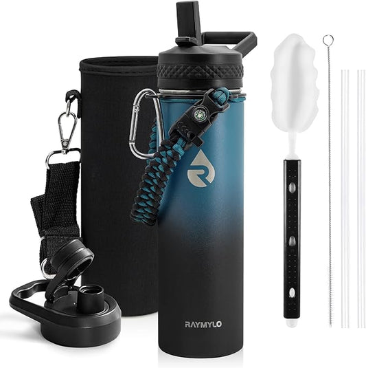 Insulated Water Bottle 20 oz, Triple Wall Vacuum Stainless Steel (Cold for 48 Hrs), Leak Proof & Non-BPA, Kids Water Bottle Jug for School with Straw Spout Lids, Indigo/Black-FlexoryFit