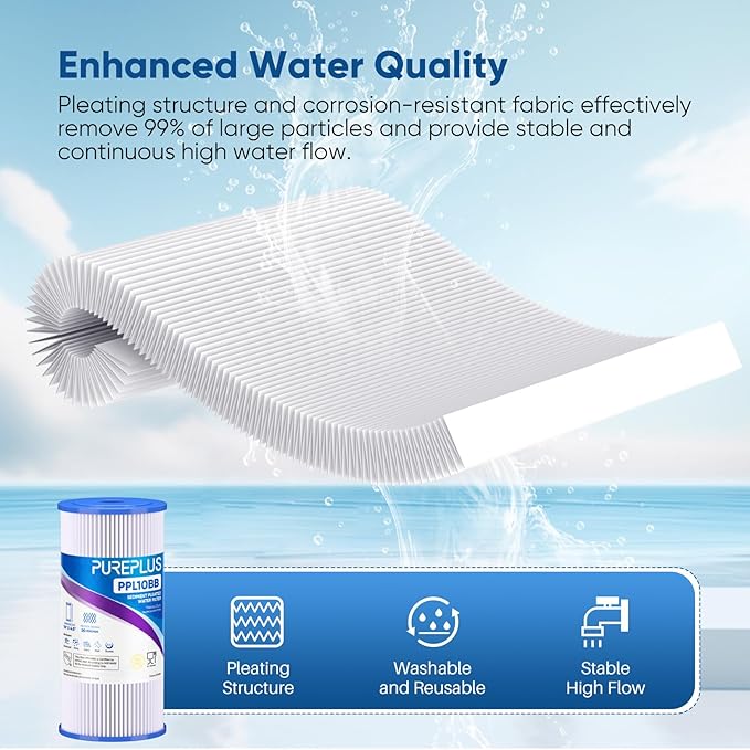 PUREPLUS 20 Micron 10" x 4.5" Whole House Pleated Sediment Filter for Well Water, Replacement Cartridge for GE FXHSC, Culligan R50-BBSA, Pentek R50-BB, DuPont WFHDC3001, W50PEHD, GXWH40L, 2Pack