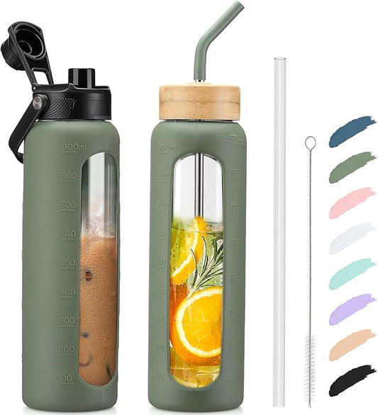Kodrine Water Bottle with Straw, 24 oz Glass water Bottle with 2 Lids Bamboo Straw Lid and Spout Lid with Handle, 32 oz Clear Water Bottle Glass for Sports Travel, Waterbottle with Time Marker-FlexoryFit
