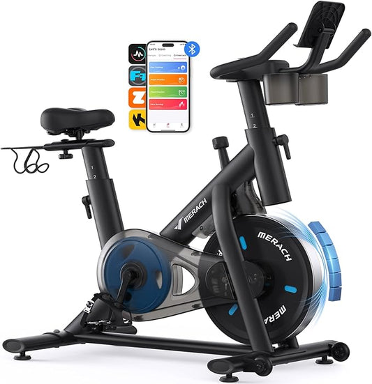 MERACH Exercise Bike, Brake Pad Stationary Bike with Exclusive App, Low Noise Indoor Cycling Bike with 300lbs Weight Capacity, Tablet Mount and Fitness Courses for Weight Loss-FlexoryFit