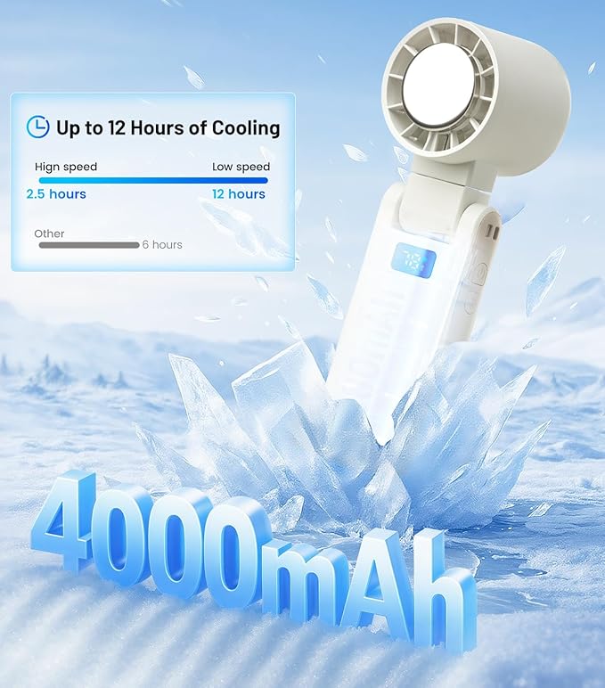 PEAKFLOW Handheld Fan with Ice Cooler,Foldable,Mini Pocket Size, Digital Display, 4000mAh Rechargeable Battery,4-Speed,4-in-1 Portable Fan for Travel and Outdoor