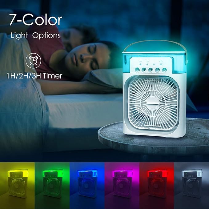 Portable Air Conditioner Fan, Mini Evaporative Air Cooler with 7 Colors LED Light, 1/2/3 H Timer, 3 Wind Speeds and 3 Spray Modes for Your Desk, Nightstand, or Coffee Table