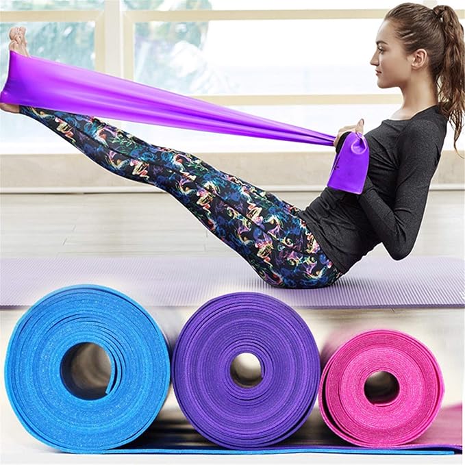 Therapy Flat Resistance Bands Set, Latex Free Flat Elastic Exercise Stretch Bands for Stretching, Flexibility, Pilates, Yoga, Ballet, Gymnastics, Rehab, Workout, Pink, Purple, Blue (3 Pack, 5 FT long)-FlexoryFit