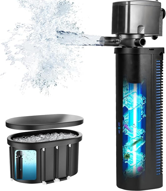 Hypool Aquarium U-V Filter 600GPH for Large 75-300 Gallon Fish Tank Cold Plunge Tub Small Koi Pond Filter Pleated Water Polishing Media, Green Clean Machine Deodorization for Saltwater Freshwater