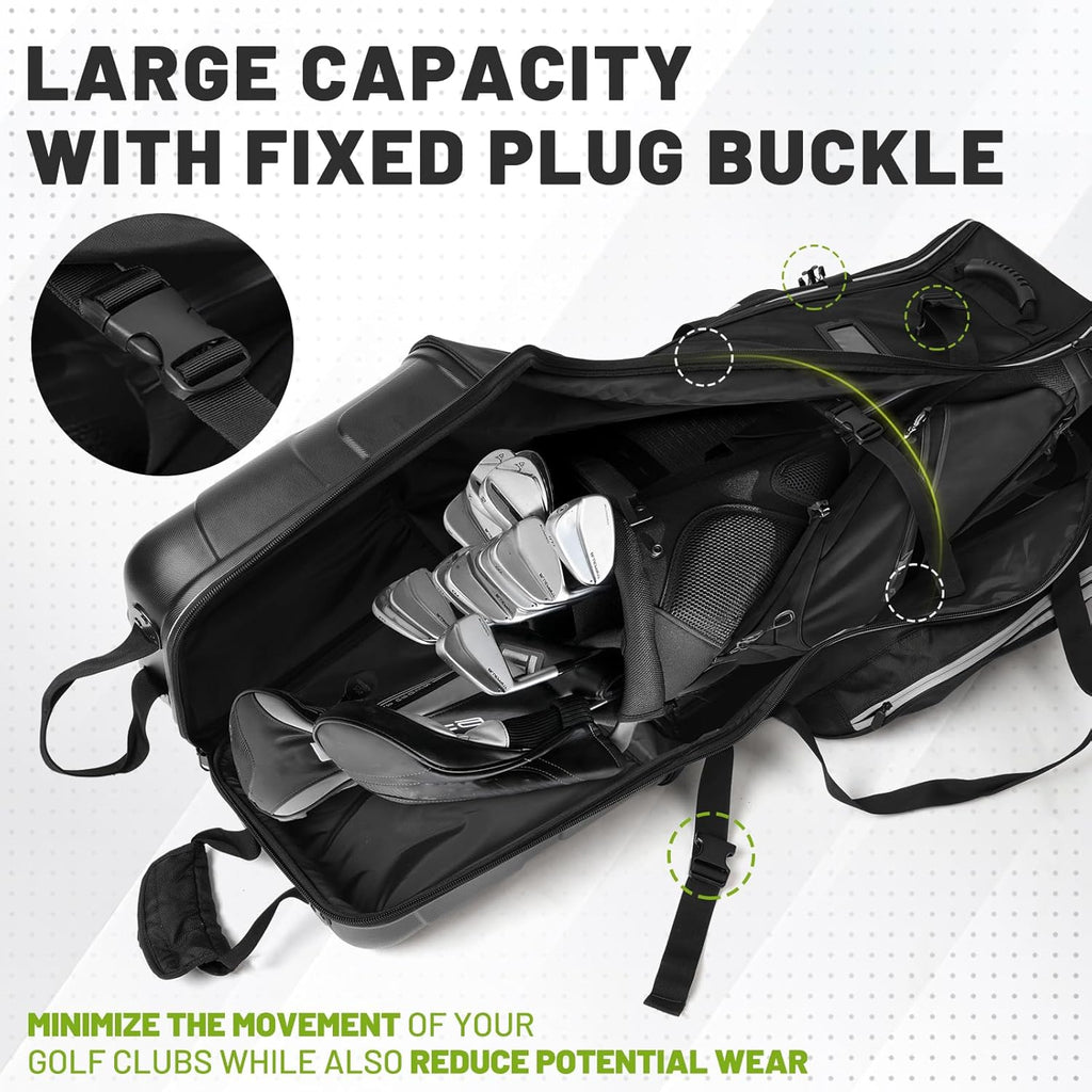 Hard Case Golf Travel Bags for Airlines with Oversize Tank Wheels, 2100D Oxford Fabric Soft Golf Club Carry Bags, Hard Cse Top Protect Club Travel Cover, Foldable for Easy to Maneuver