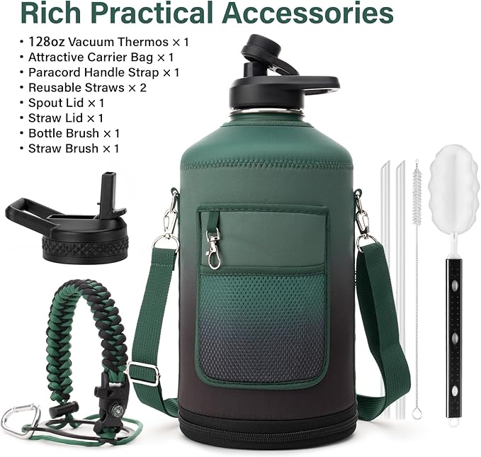 1 Gallon Water Bottle Insulated | Thickened Stainless Steel Vacuum Metal Water Jug | Portable Sports Large for Gym and Hiking with Straw, Carrier Bag, Handle Strap | BPA-Free 128 oz-FlexoryFit