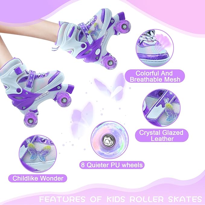 Kids Roller Skates for Girls-Outdoor 4 Size Adjustable Butterfly Quad Rollerskates for Indoor Ages 3-12 Years Beginners Children's Birthday Gift with Light Up Wheels patines para niñas Indoor-FlexoryFit