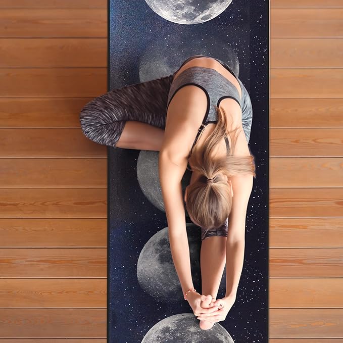 QiyI Yoga Mat Towel with Corner Pockets, Non Slip Sweat Absorbent Hot Yoga Towels, Soft Yoga Blankets with Travel Bag, Skidless Mat Cover for Workout, Gym, Fitness - 74"x26", Moon Cycle-FlexoryFit