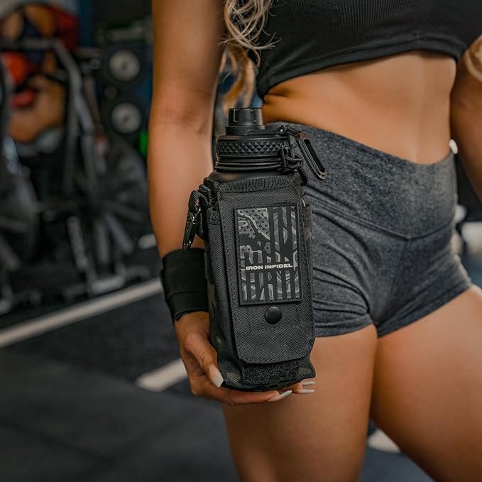 Iron Infidel Battle Bottle - 32 Oz Insulated Water Bottle with Straw Lid & Chug Cap, Stainless Steel Metal Tactical Flask With Rugged, Removable Sleeve for Keys & Phone or Wallet (Black Camo 1 Liter)-FlexoryFit