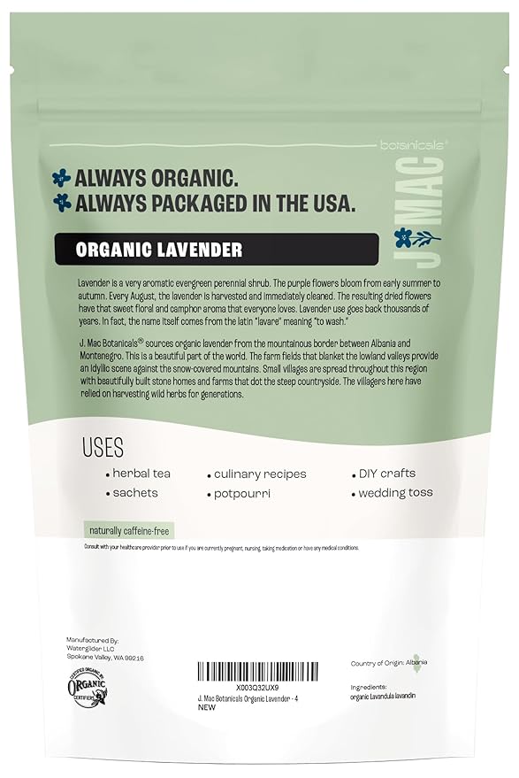 J MAC BOTANICALS, Organic Lavender Flower (4 oz), Dried Lavender Flowers, Buds, Manufactured in The USA-FlexoryFit