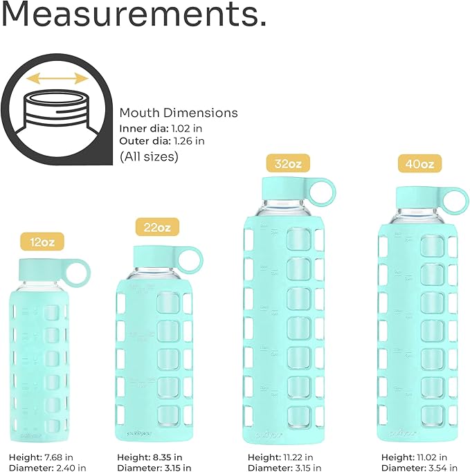 purifyou 40oz / 32oz / 22oz / 12oz Borosilicate Glass Water Bottle with Time & Volume Markers, Silicone Sleeve, Stainless Steel Lid | Reusable Glass Bottle for Water & Juice (12oz Glow-in-the-Dark)
