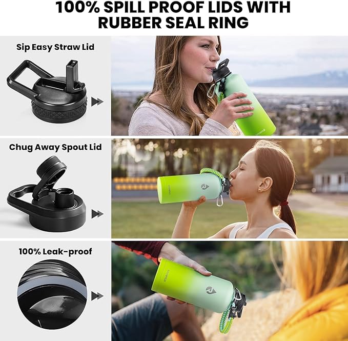 Insulated Water Bottle 87 oz, Triple Wall Vacuum Stainless Steel (Cold for 48 Hrs), Leak Proof & Non-BPA, Modern Water Flask Jug with Paracord Handle & Straw Spout Lids, Ombre Green-FlexoryFit