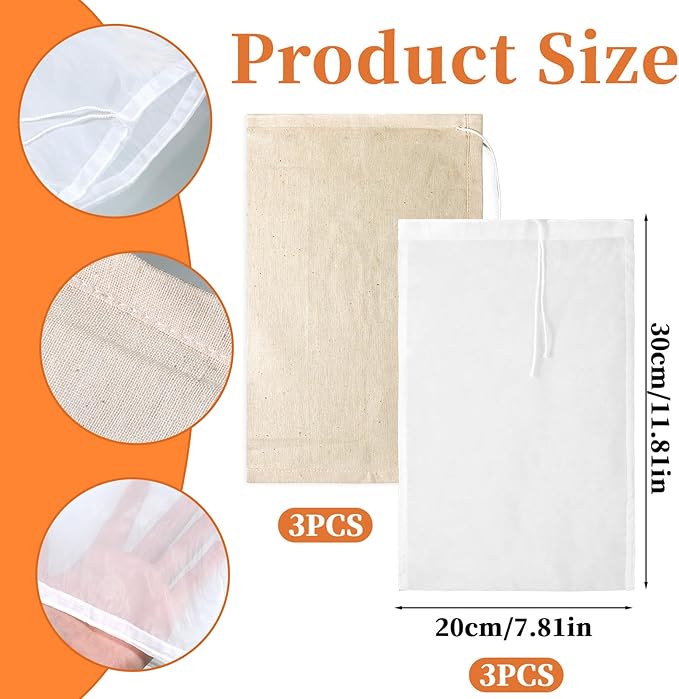 6 Pack Nylon Nut Milk Bag 12 x 8 Inch Cheese Cloth Bags Cheesecloth for Straining Yogurt Strainer 200 Mesh Multiple Straining Washable Bag for Juice Coffee Yogurt Tea