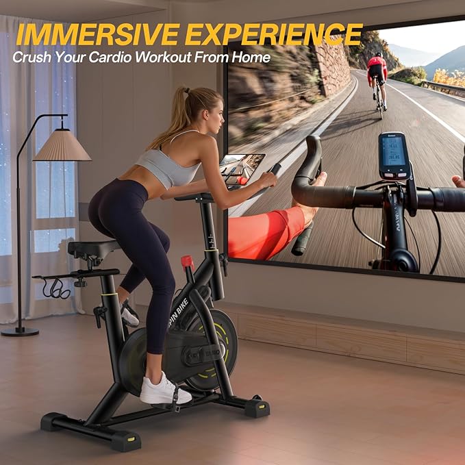 YAMO Exercise Bike, Upgraded Stationary Bikes for Home Cardio with App Compatible, Adjustable Quiet Magnetic Resistance Indoor Cycling Bike 300 LBS Capacity Comfortable Seat Cushion & Tablet Mount-FlexoryFit