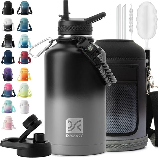 Insulated Water Bottle | Thickened Stainless Steel Vacuum Metal | Portable Sports Half Gallon Large Water Jug for Gym and Hiking with Straw, Carrier Bag, Handle Strap | BPA-Free 64 oz-FlexoryFit