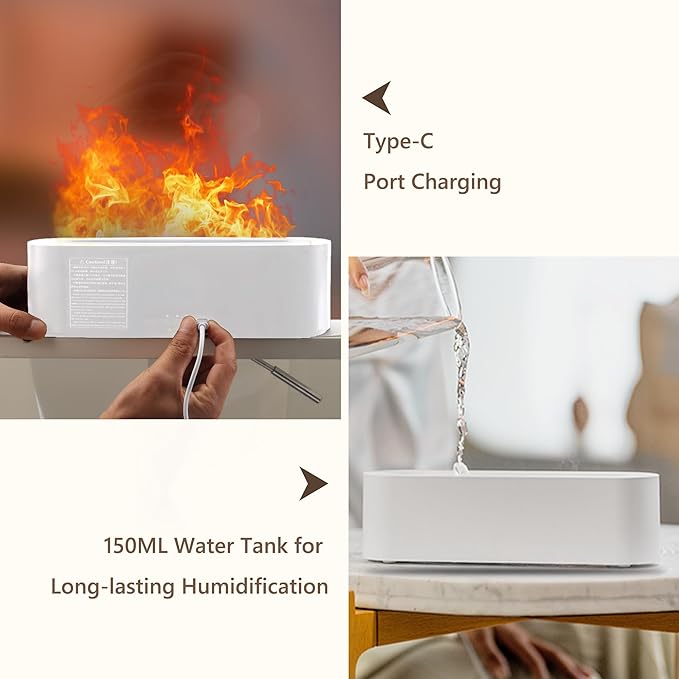 Essential Oils Diffuser for Humidifier, Fire Flame Aromatherapy Diffuser with 7 Colors Light, 150ml Cool Mist Humidificador with Timer&Auto Off, Scent Diffuser for Home Room Office(Whiite)