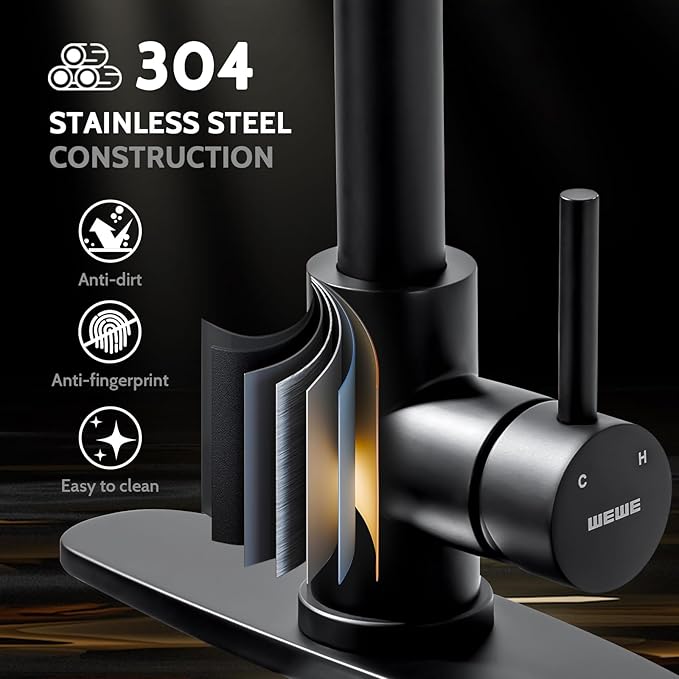 WEWE Kitchen Faucets with LED Light, Kitchen Faucet with Pull Down Sprayer Commercial Stainless Steel Single Handle Spring Farmhouse RV Sink Faucet, Matte Black