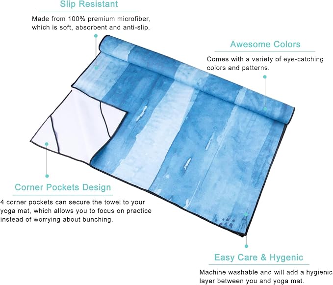 QiyI Yoga Mat Towel with Corner Pockets, Non Slip Sweat Absorbent Hot Yoga Towels, Soft Yoga Blankets with Travel Bag, Skidless Mat Cover for Workout, Gym, Fitness - 70"x26", Blue Tie Dye-FlexoryFit