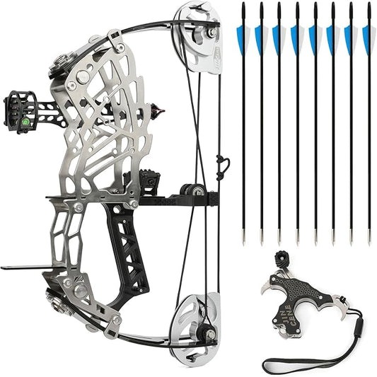 Short Axle Compound Bow Hunting Package Adjustable Draw Weight 15-32 Lbs No Bow Press Needed Includes 8 Carbon Arrows, Wrist Release & Sight Left/Right Hand (Short Shaft Type 1)