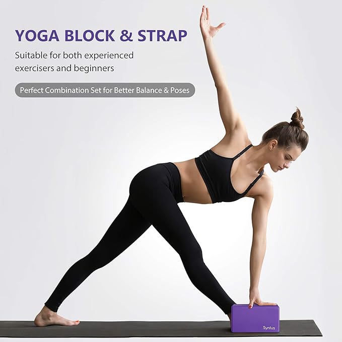 Syntus Yoga Block and Yoga Strap Set, 2 Soft Non-Slip Yoga Blocks 9×6×4 inches, 8FT Metal D-Ring Strap for Yoga, General Fitness, Pilates, Stretching and Toning-FlexoryFit
