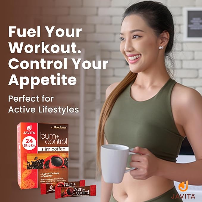 Javita Burn + Control Instant Coffee w Weight Management Herbs: Garcinia Cambogia & Yerba Mate - Slim Coffee with Help of Exercise, Keto Coffee for Diet Support, 1 box - 24 (4.55g) Sticks-FlexoryFit